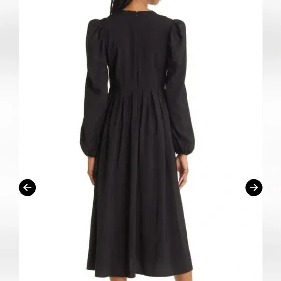 Chlesey28 Pleated Puff Shoulder Long Sleeve Midi Dress Black Womens Size Small - Picture 2 of 14